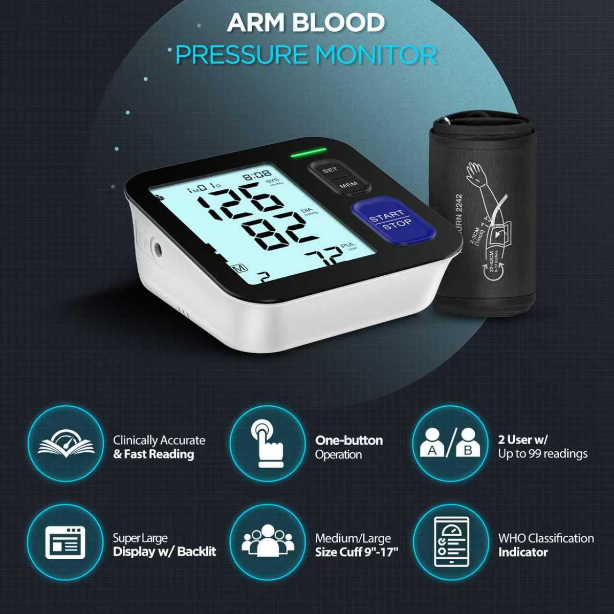 Upper Arm Blood Pressure Machine Medium/Large Cuff Automatic Digital BP Monitor Backlit LCD 2-User Mode O612286