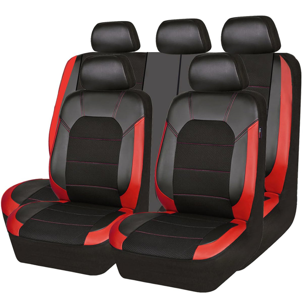 Universal Leather Car Seat Covers Full Set Black Red T6116