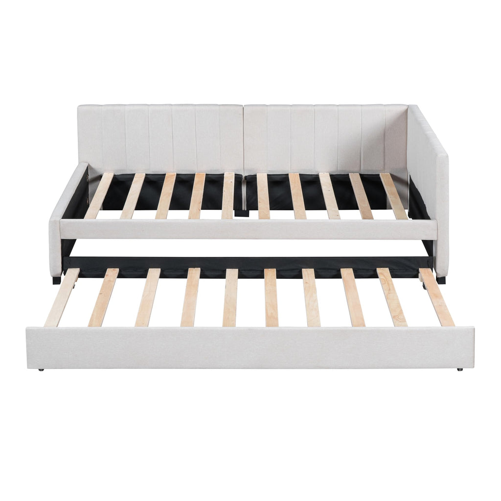 Beige Linen Twin Size Upholstered Daybed with Trundle E734991