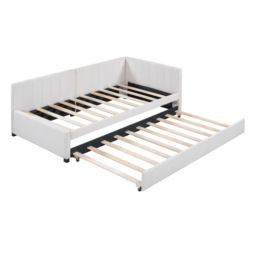 Beige Linen Twin Size Upholstered Daybed with Trundle E734991