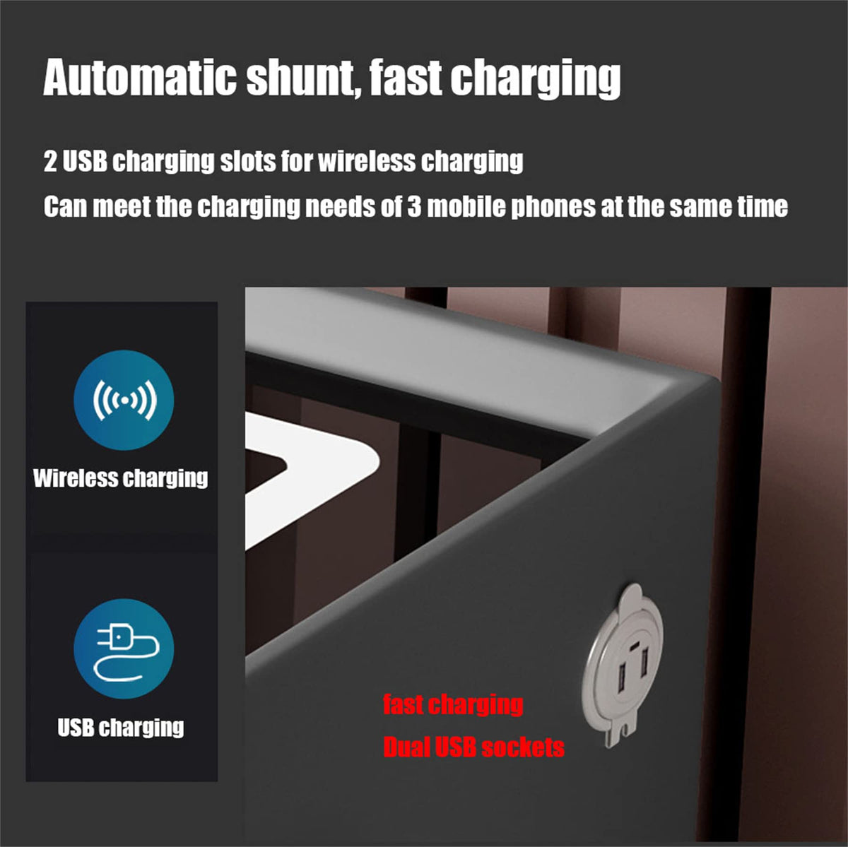 LED Nightstand with Bluetooth Speaker, Wireless Charging, 3 Colors LED Lights, USB & Type-C Port, 2/3 Drawers, Fingerprint Lock W436