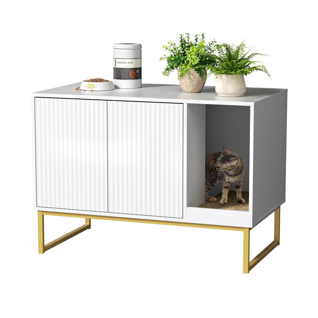 White Cat Litter Box Enclosure with Scratch Pad and Metal Legs T79595
