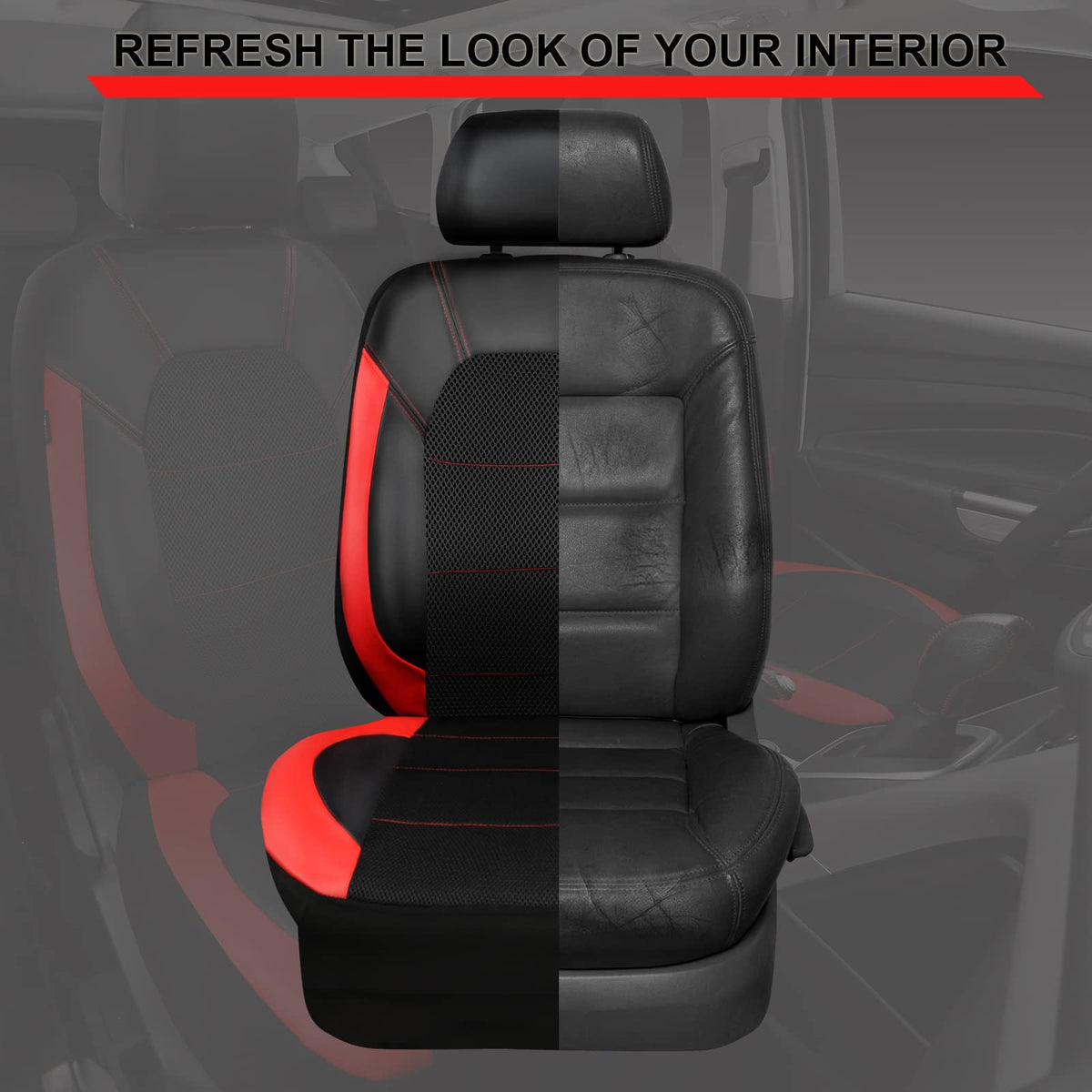 Universal Leather Car Seat Covers Full Set Black Red T6116