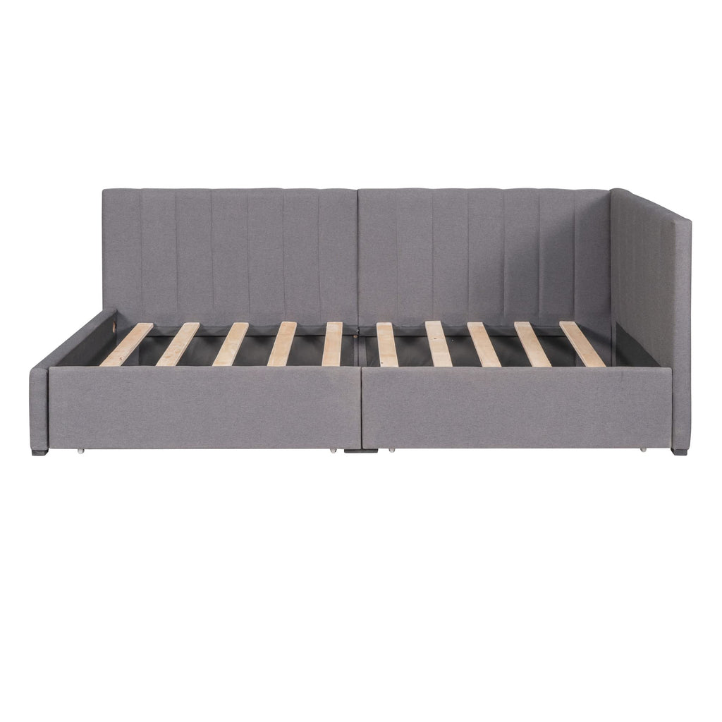 Gray Linen Twin Size Upholstered Daybed with 2 Storage Drawers B9203