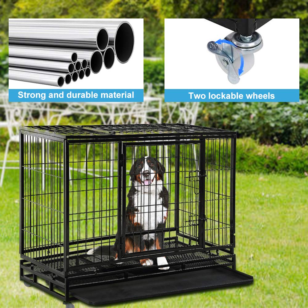 48" Heavy Duty Metal Dog Crate with Lockable Wheels, Double Door & Tray, Black M65321