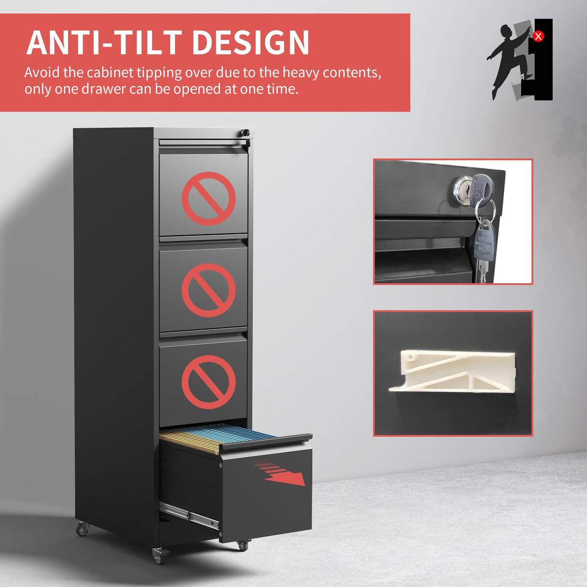 4 Drawer Black Metal File Cabinet with Lock K748