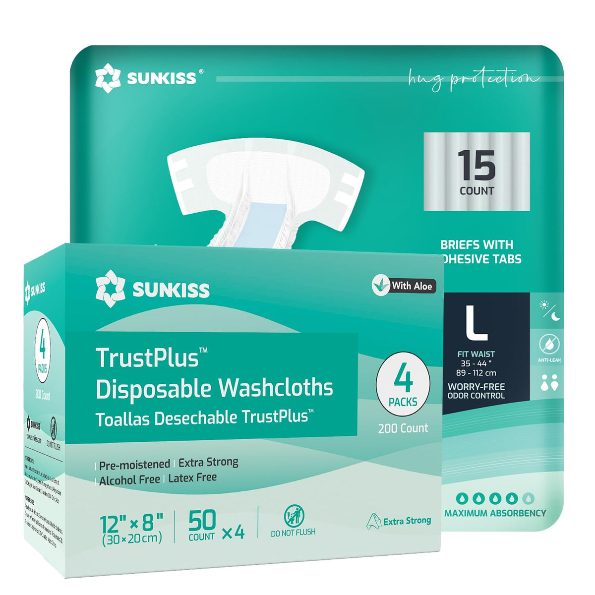 Adult Diapers Large 15 Count & Wet Wipes 200 Count W9508