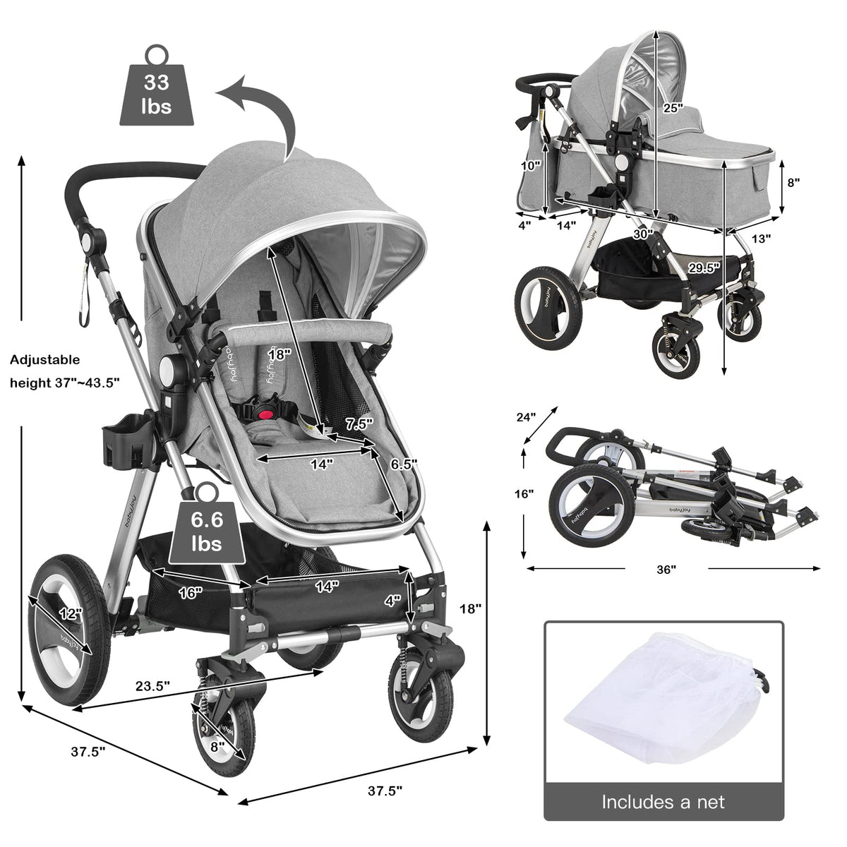 2-in-1 Convertible Bassinet Reclining Stroller I31529