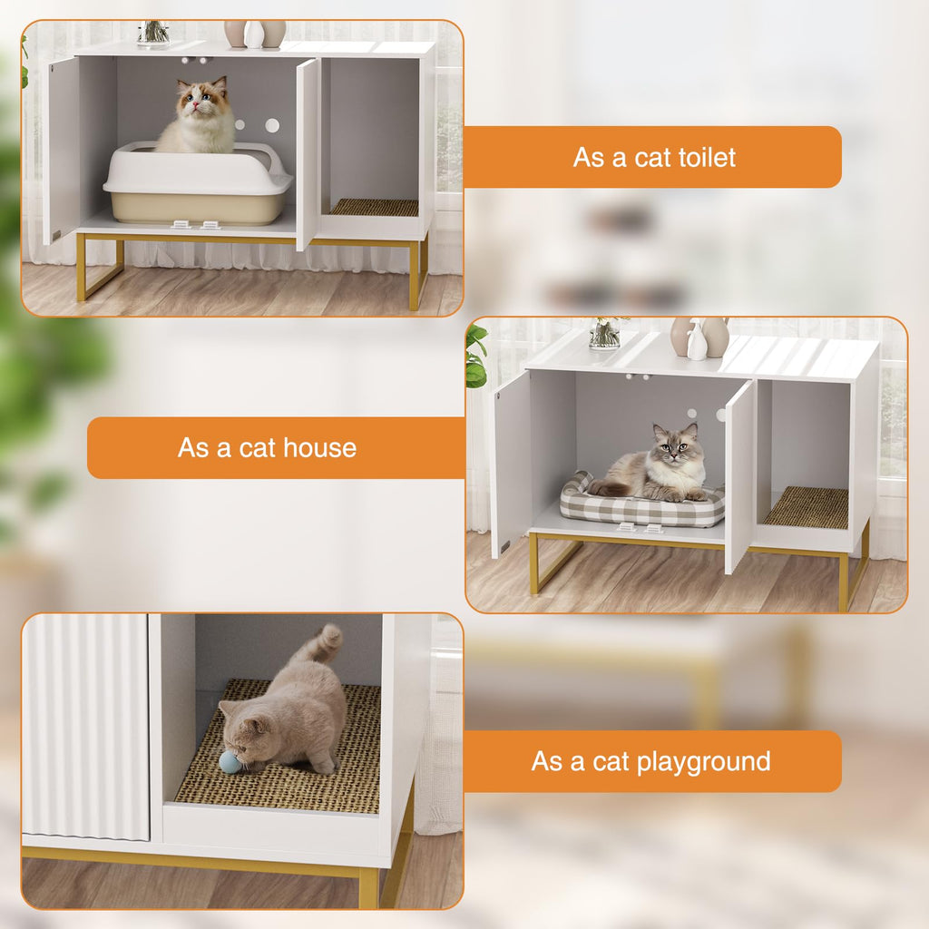 White Cat Litter Box Enclosure with Scratch Pad and Metal Legs T79595