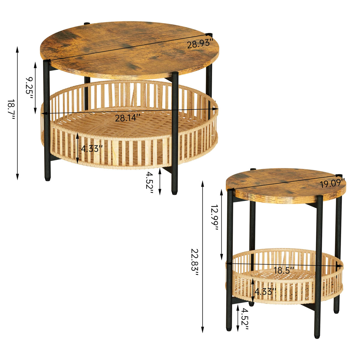 3 Pieces 2 Tier Round Rattan Coffee Table Set with Metal Frame H1105