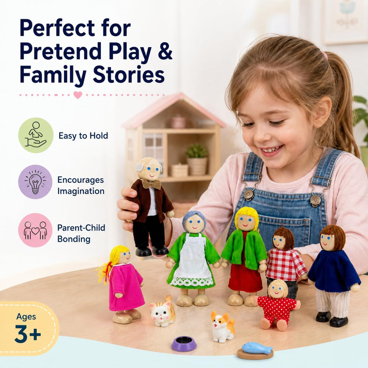 12 Pieces Wooden Dollhouse Family Set with Dog Cat Figures F723