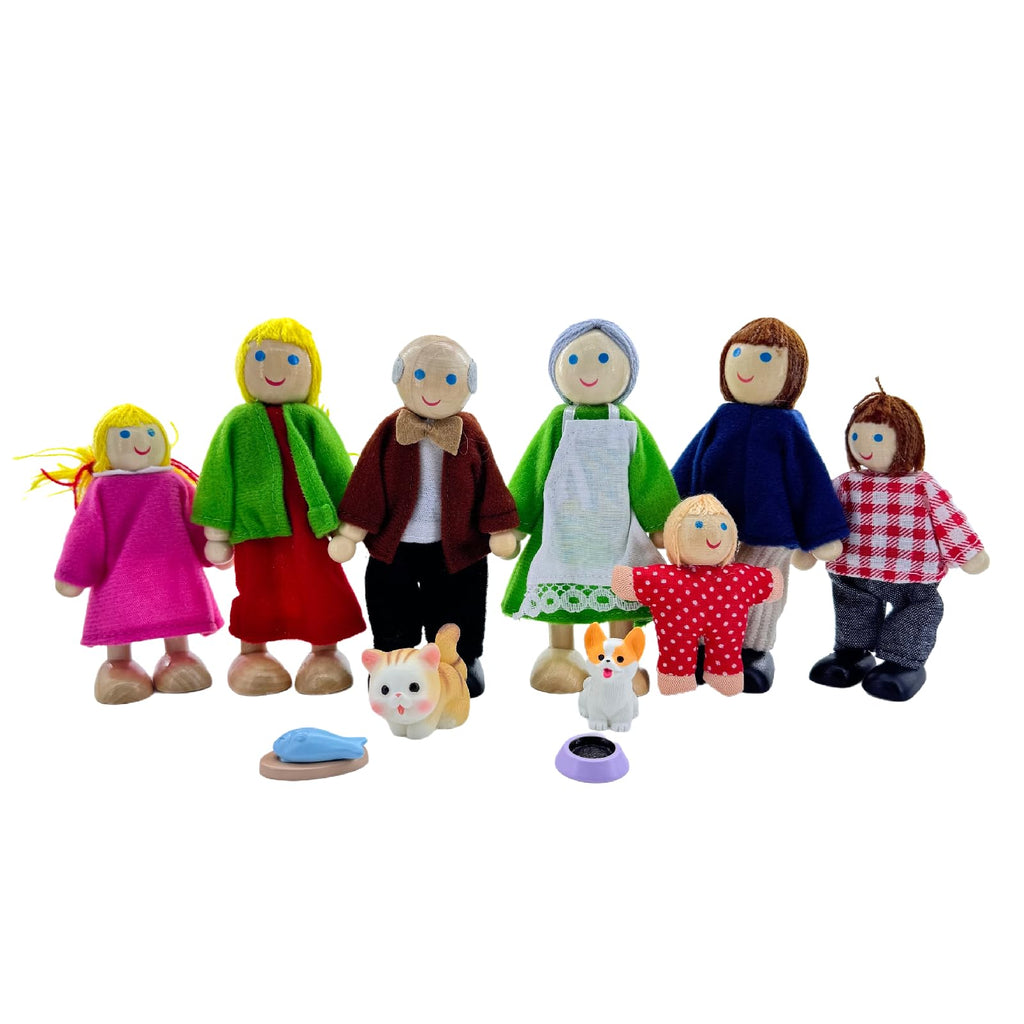 12 Pieces Wooden Dollhouse Family Set with Dog Cat Figures F723