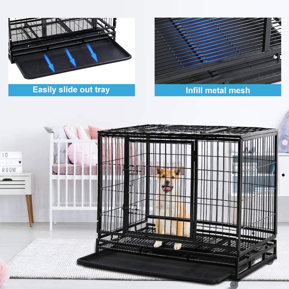 48" Heavy Duty Metal Dog Crate with Lockable Wheels, Double Door & Tray, Black M65321