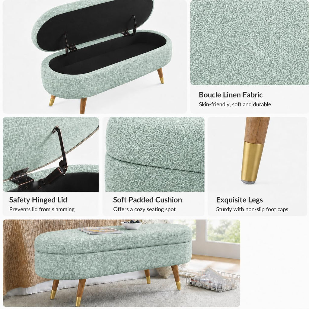 Cream Oval Boucle Storage Ottoman with Wooden Legs U8772