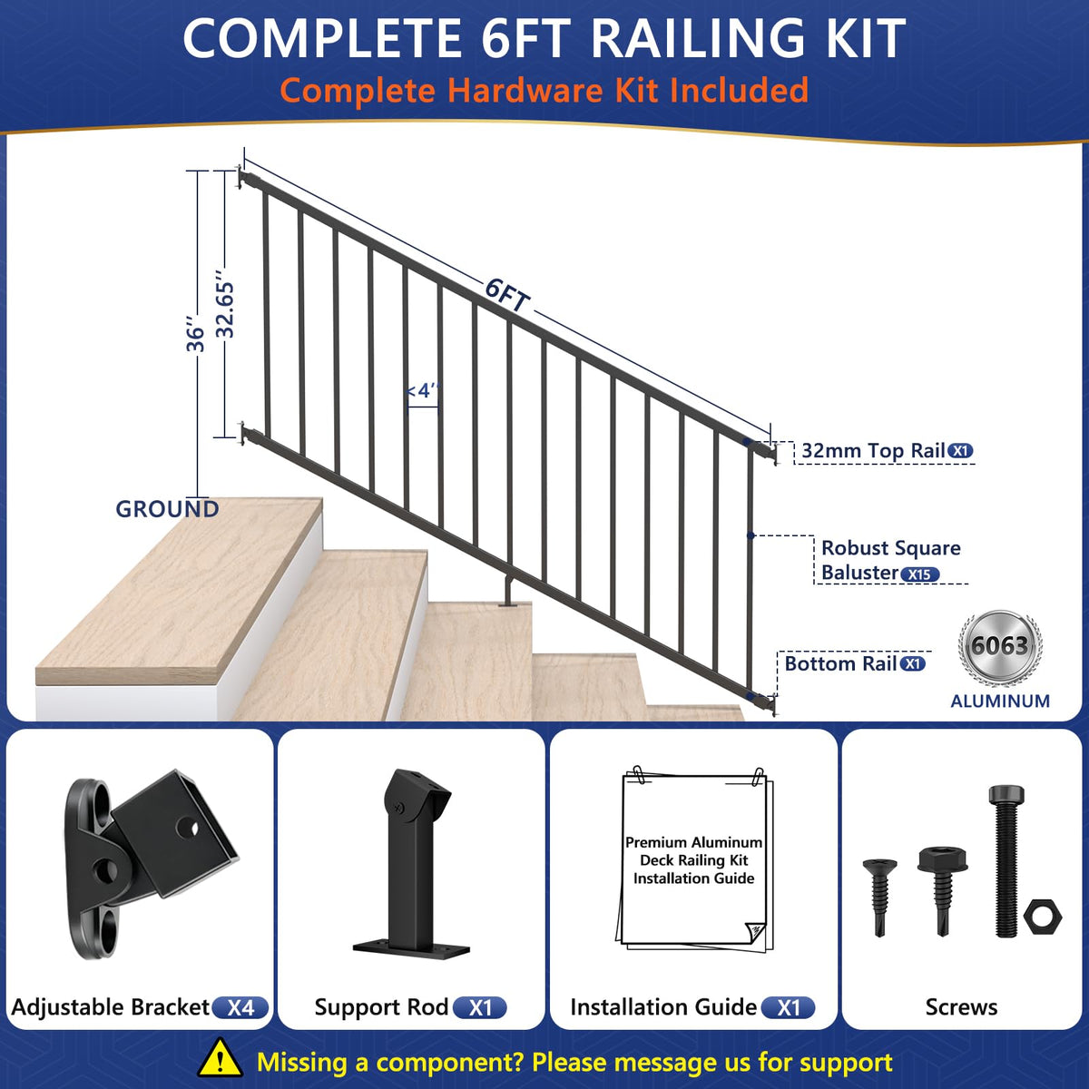 6 ft W Real Aluminum Stair Railing Kit V7951