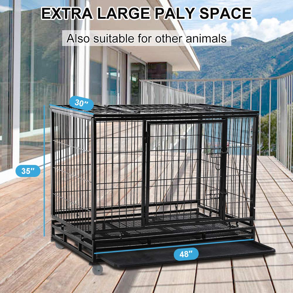 48" Heavy Duty Metal Dog Crate with Lockable Wheels, Double Door & Tray, Black M65321