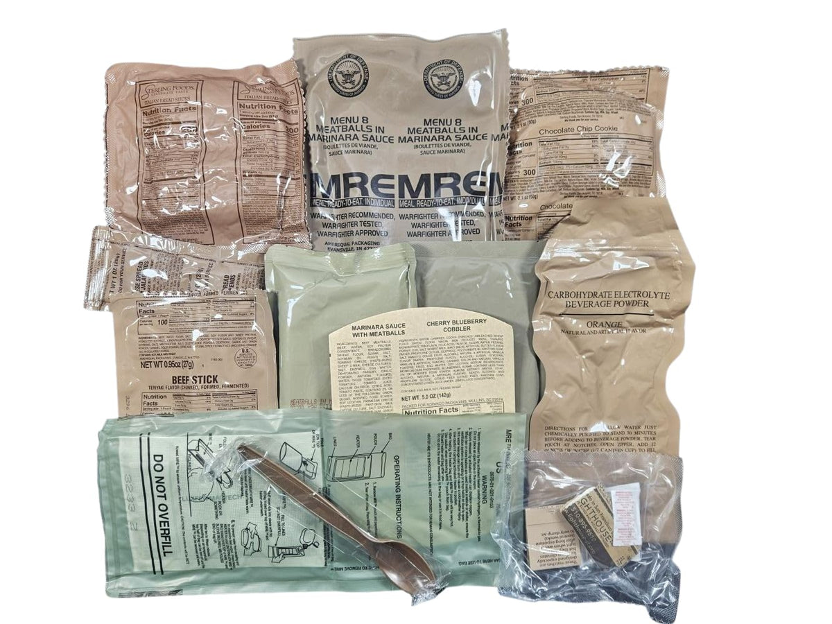 MRE Meal Ready to Eat with Entree Snacks Dessert Drink Mix Utensils Condiments G592