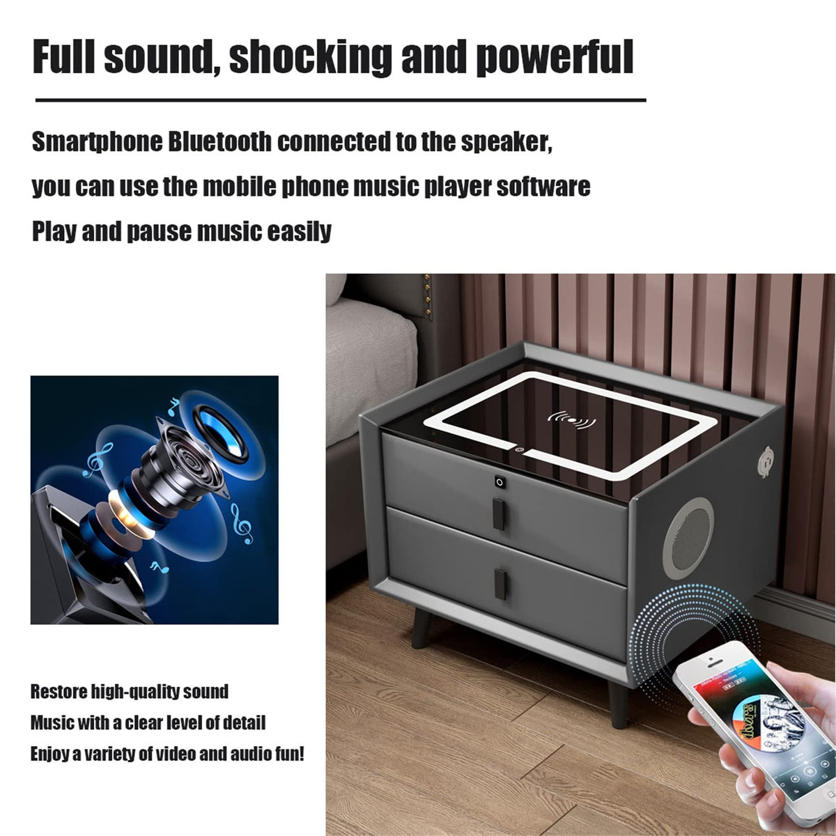 LED Nightstand with Bluetooth Speaker, Wireless Charging, 3 Colors LED Lights, USB & Type-C Port, 2/3 Drawers, Fingerprint Lock W436