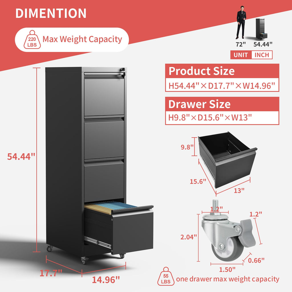 4 Drawer Black Metal File Cabinet with Lock K748
