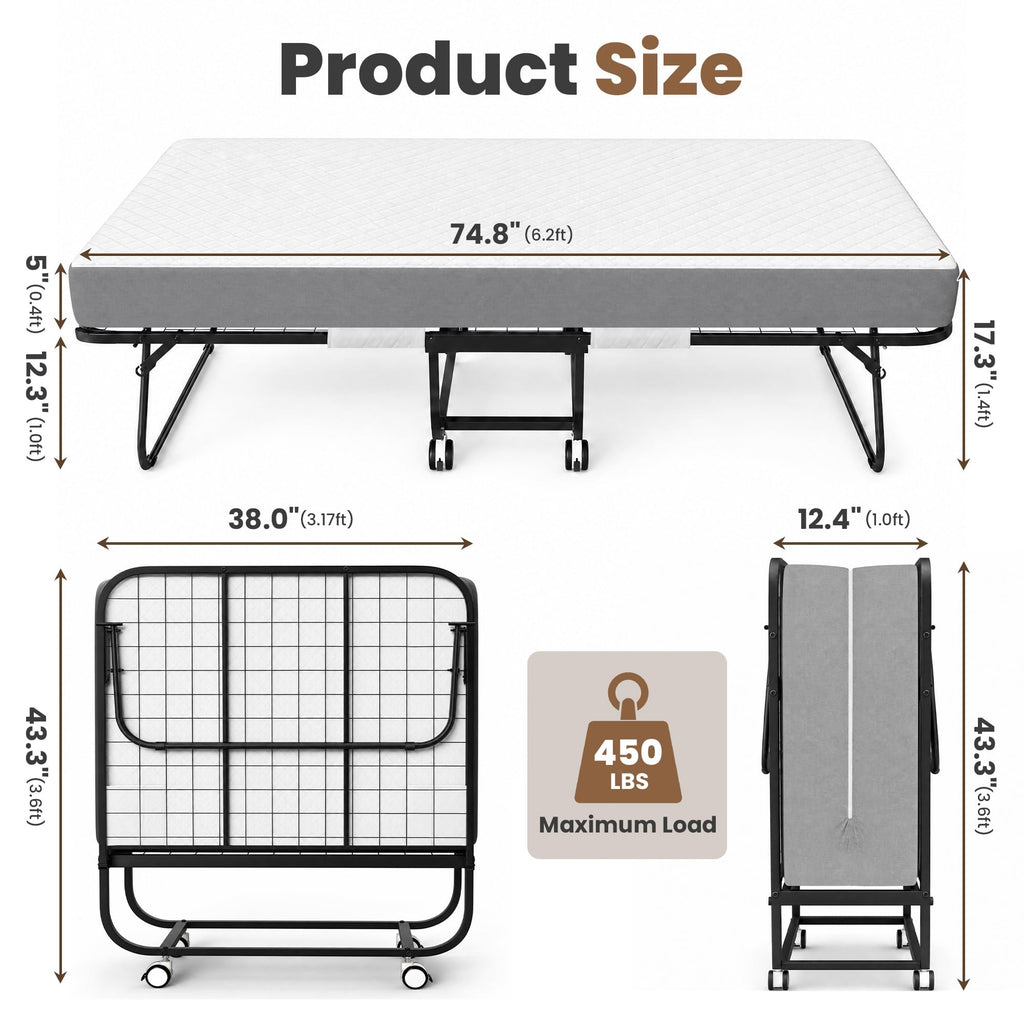 Folding Bed with Mattress, Twin Memory Foam T52046