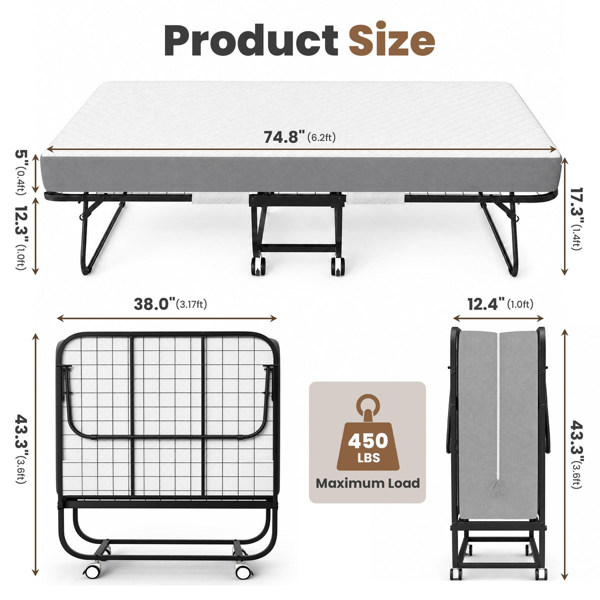 Folding Bed with Mattress, Twin Memory Foam T52046