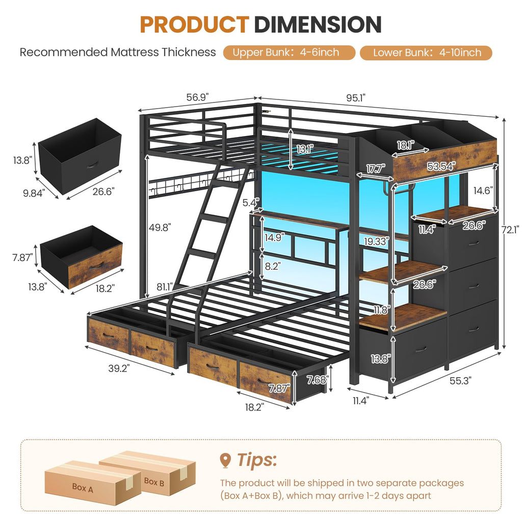 Black Triple Bunk Bed with 8 Storage Drawers and Stair R9465