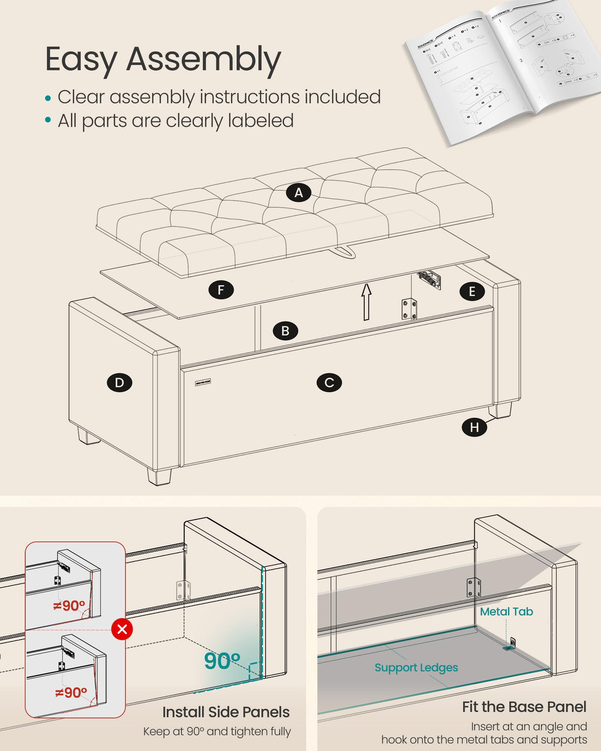48 Inches Storage Ottoman with Solid Wood Legs F392