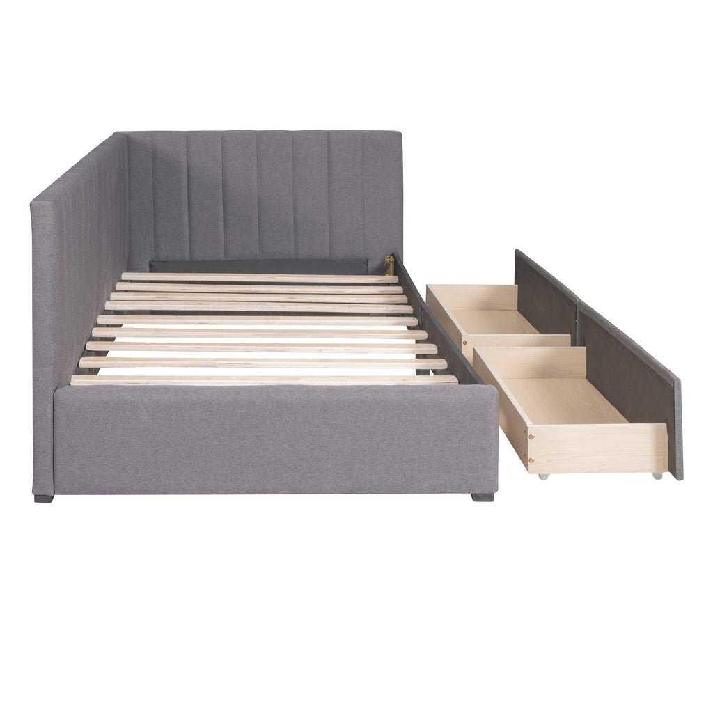 Gray Linen Twin Size Upholstered Daybed with 2 Storage Drawers B9203