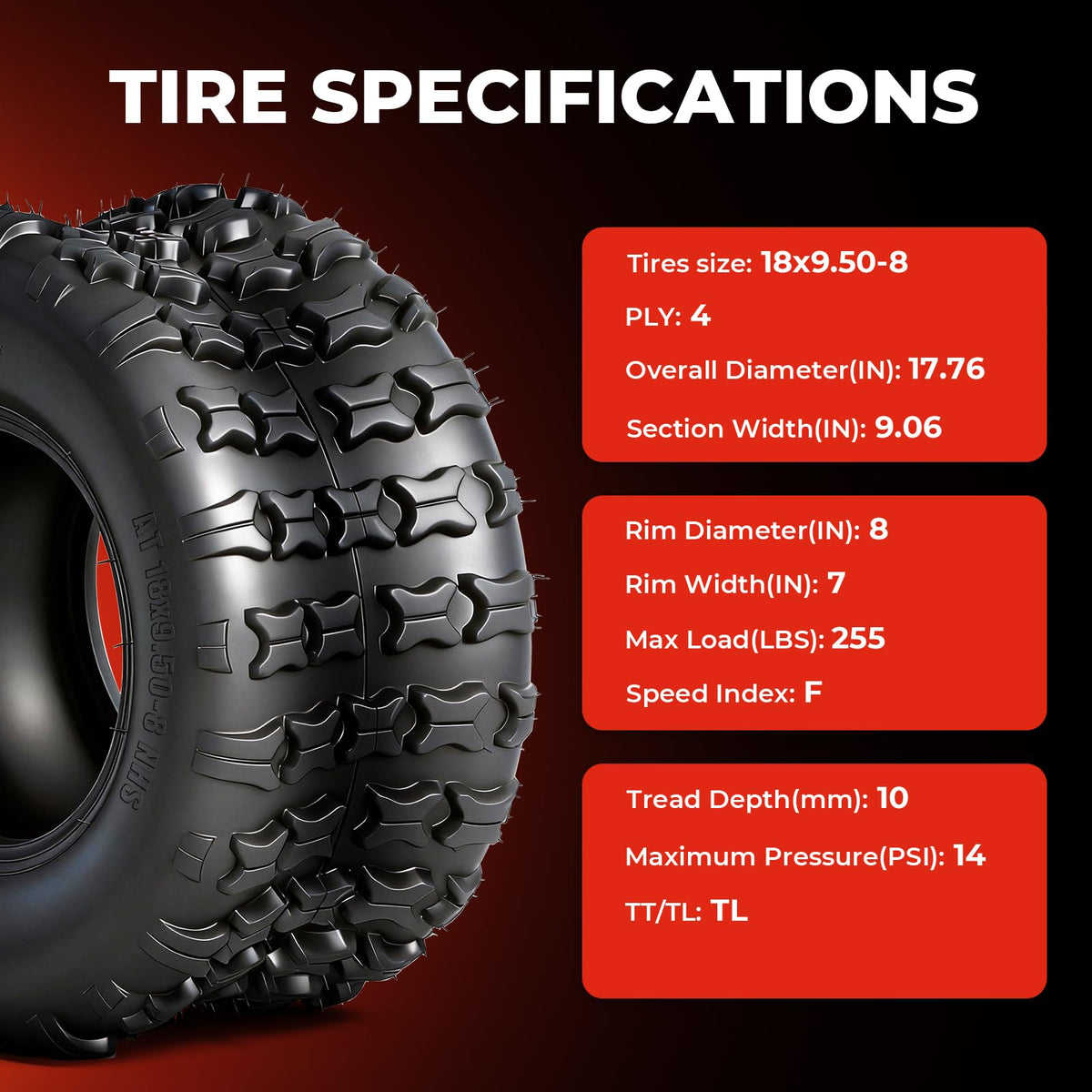 Set of 2 18x9.5-8 Tubeless All-Terrain Tires W392