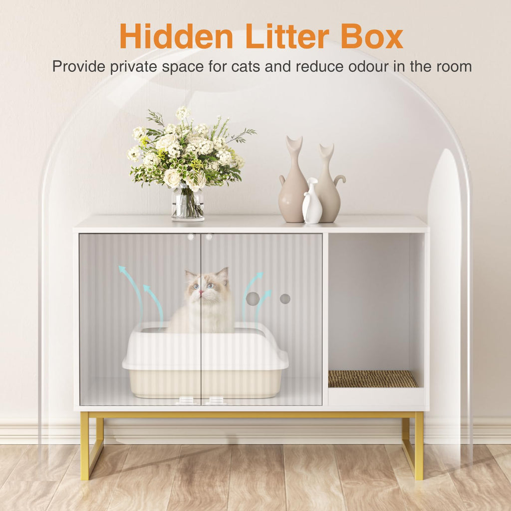 White Cat Litter Box Enclosure with Scratch Pad and Metal Legs T79595