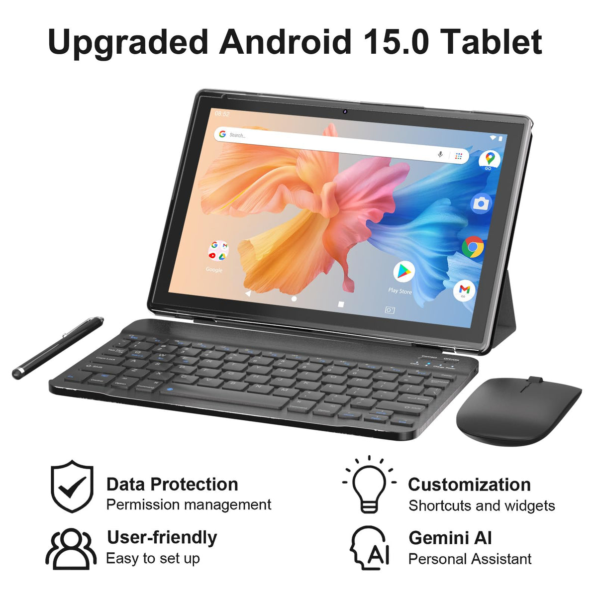 Android 14 2 in 1 Tablet with Keyboard 10 inch 8GB+64GB Black X39593