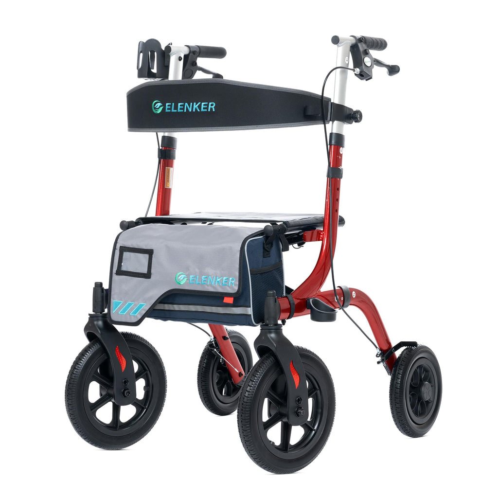All-Terrain Rollator Walker with Seat, 12” Non-Pneumatic Tire Front Wheels, Compact Folding, Red C2205