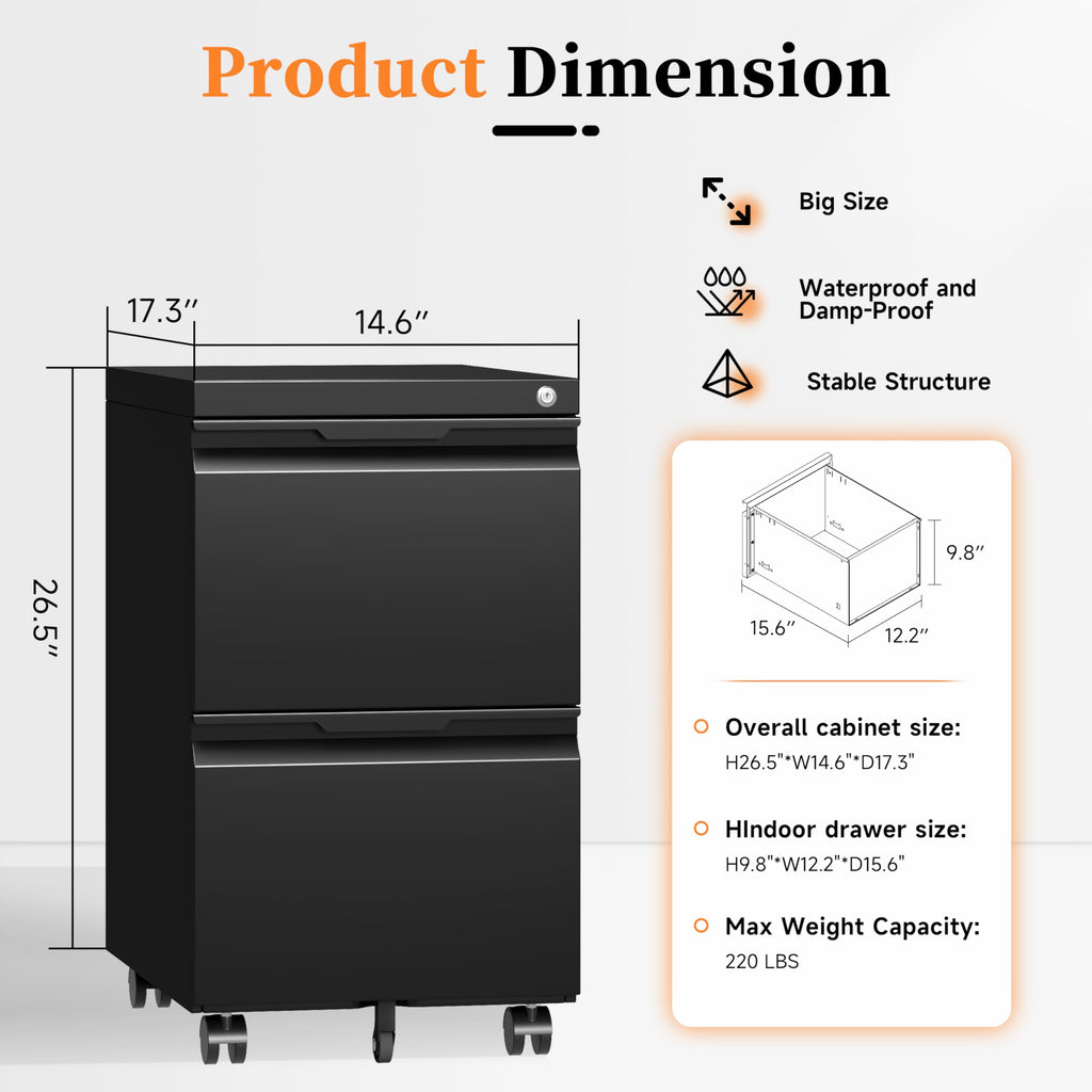 2 Drawer Black File Cabinet with Lock L1283