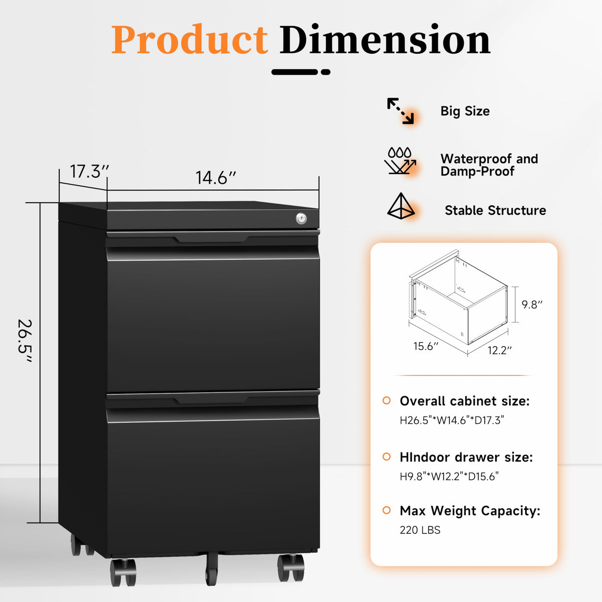 2 Drawer Black File Cabinet with Lock L1283