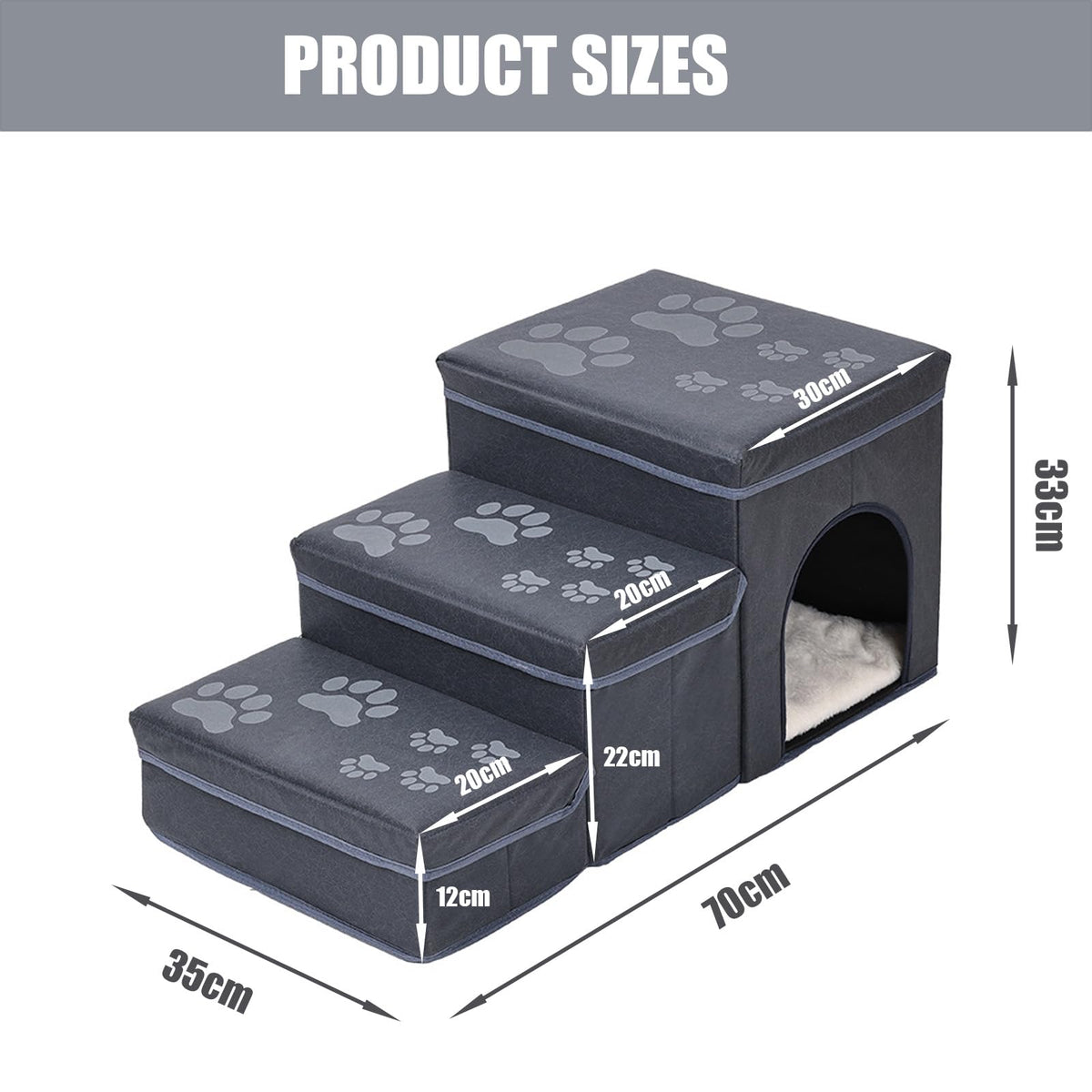 Folding Pet Ramp with Storage, Non Slip Dog Stairs, Grey U98540