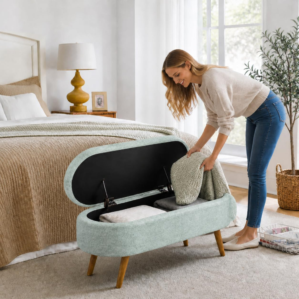 Cream Oval Boucle Storage Ottoman with Wooden Legs U8772