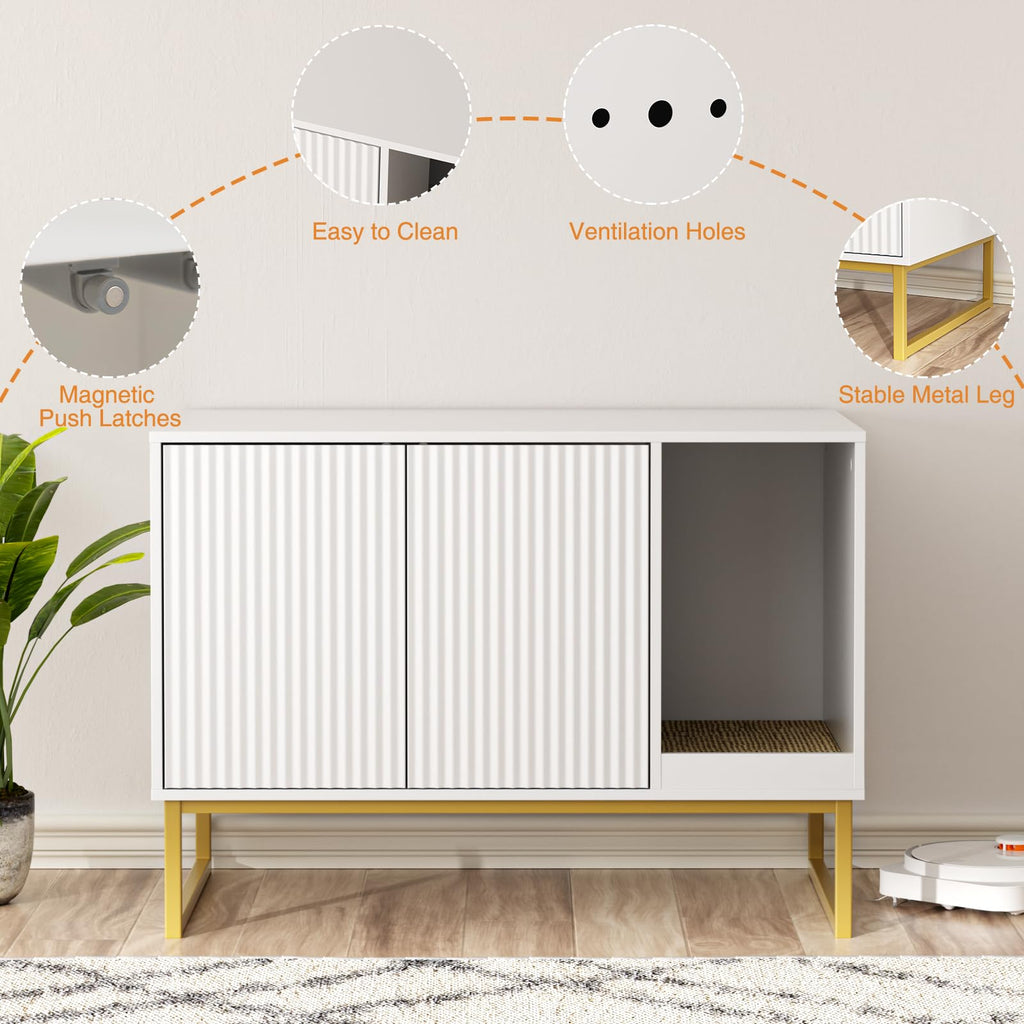 White Cat Litter Box Enclosure with Scratch Pad and Metal Legs T79595