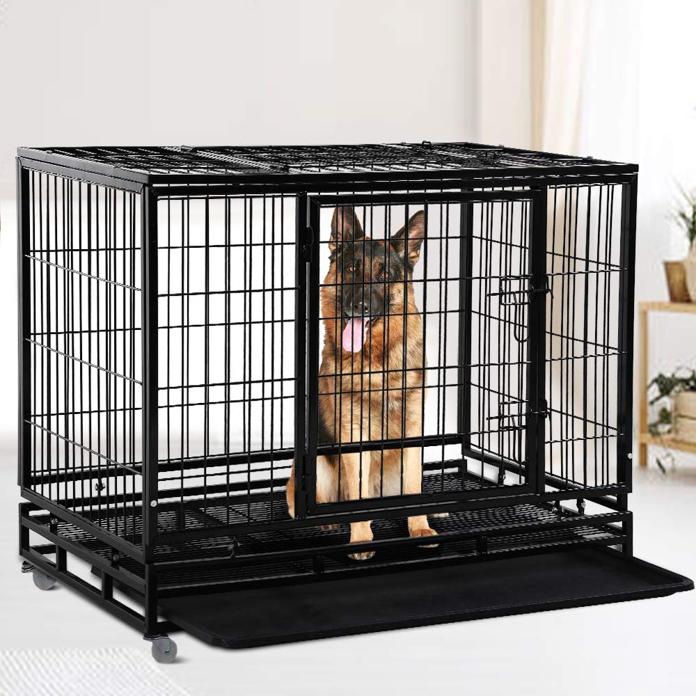 48" Heavy Duty Metal Dog Crate with Lockable Wheels, Double Door & Tray, Black M65321