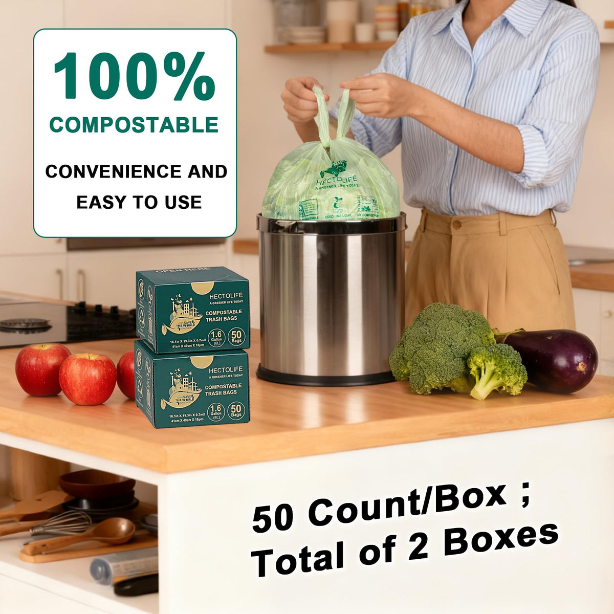 1.6 Gallon 100 Count Compostable Bags W612