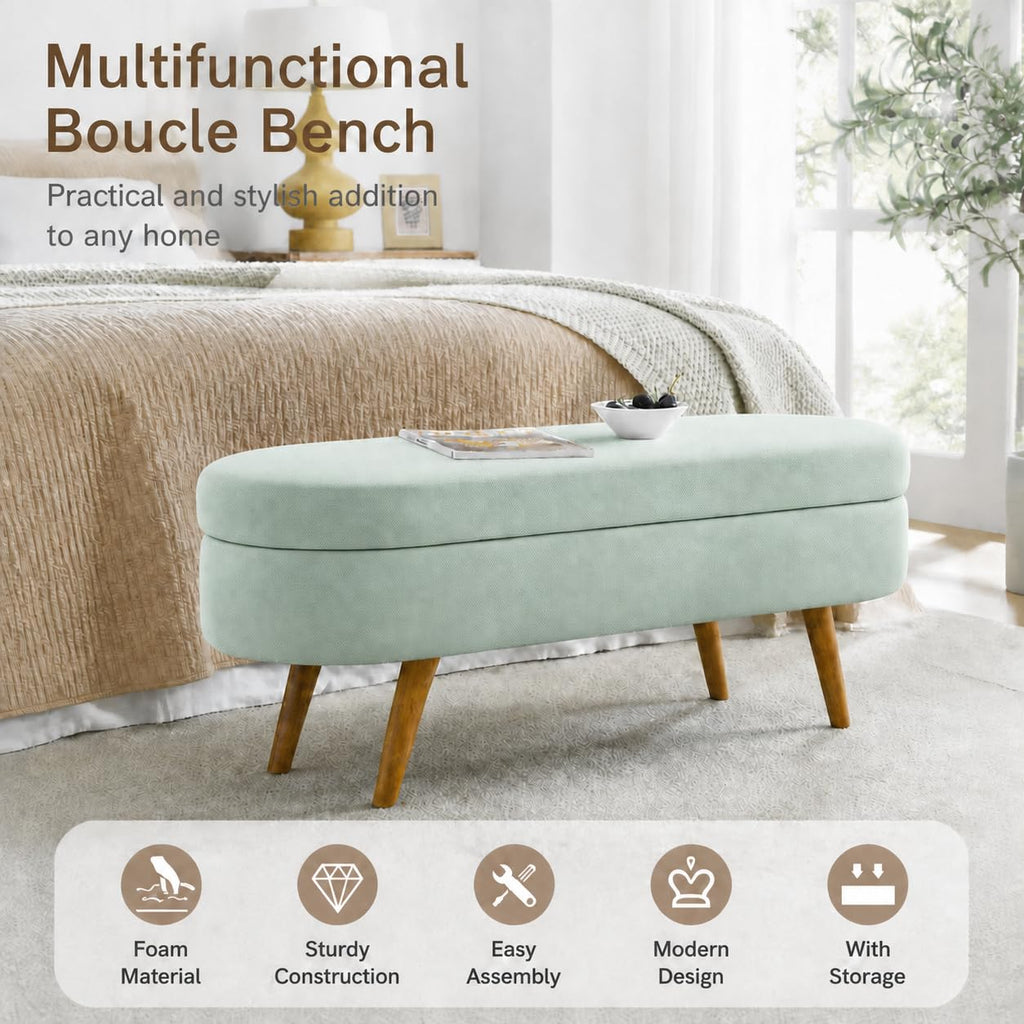 Cream Oval Boucle Storage Ottoman with Wooden Legs U8772