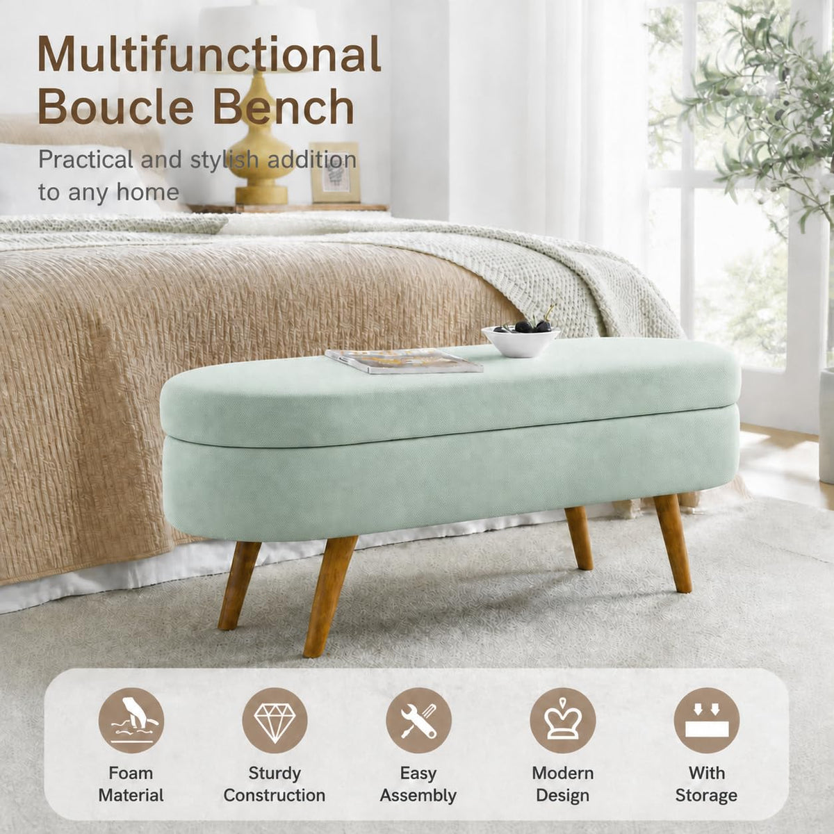 Cream Oval Boucle Storage Ottoman with Wooden Legs U8772