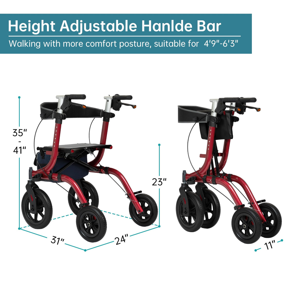 All-Terrain Rollator Walker with Seat, 12” Non-Pneumatic Tire Front Wheels, Compact Folding, Red C2205