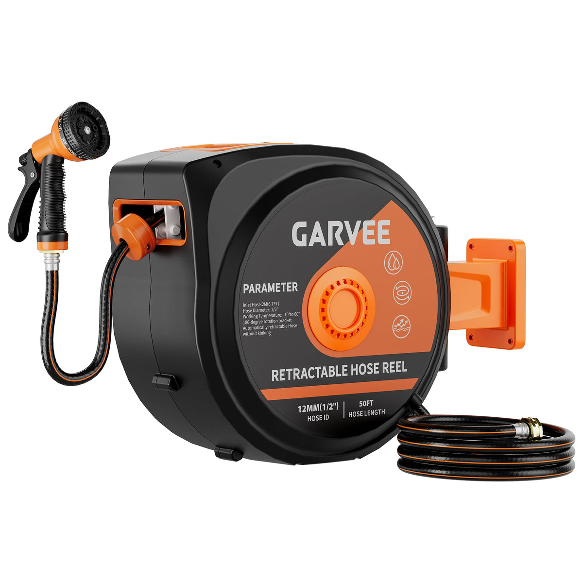 1/2 Inch x 50 ft Wall Mounted Garden Hose Reel with 10 Patterns Nozzle R20997