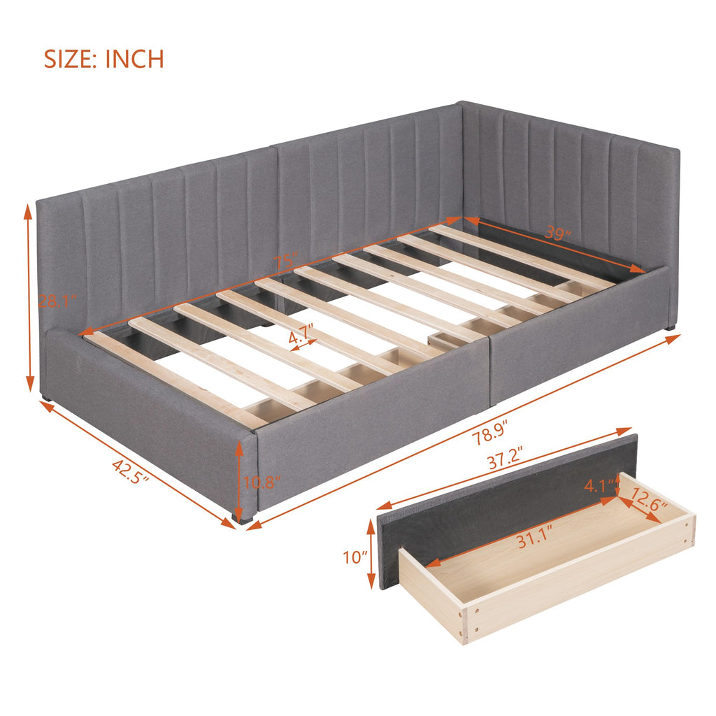 Gray Linen Twin Size Upholstered Daybed with 2 Storage Drawers B9203