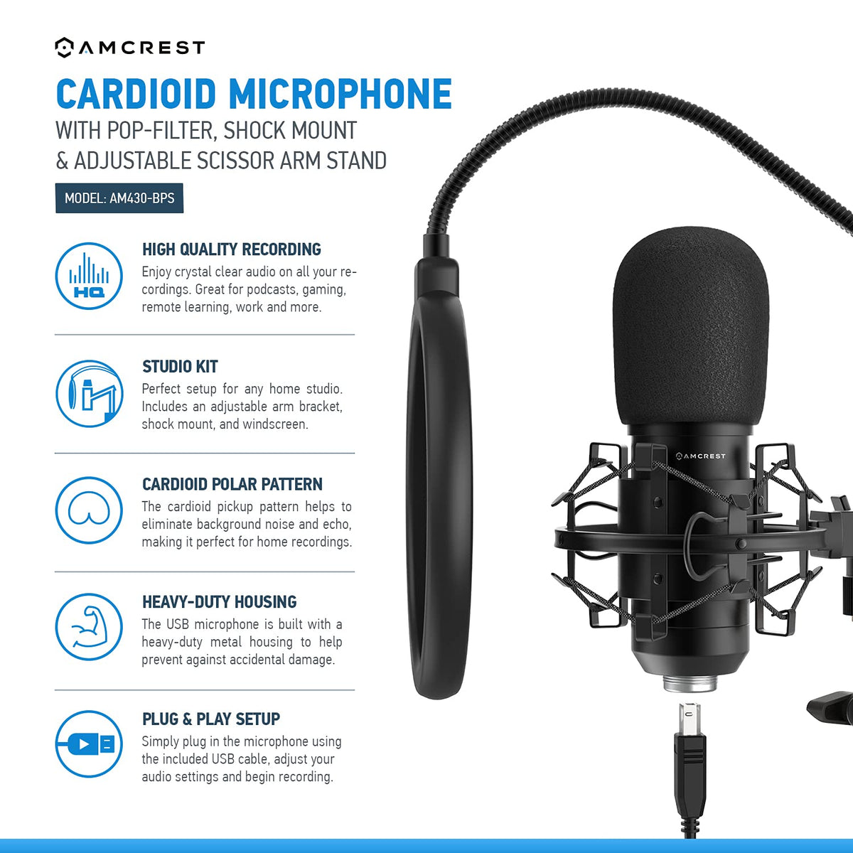USB Microphone with Boom Arm, Pop-Filter, Shock Mount K803