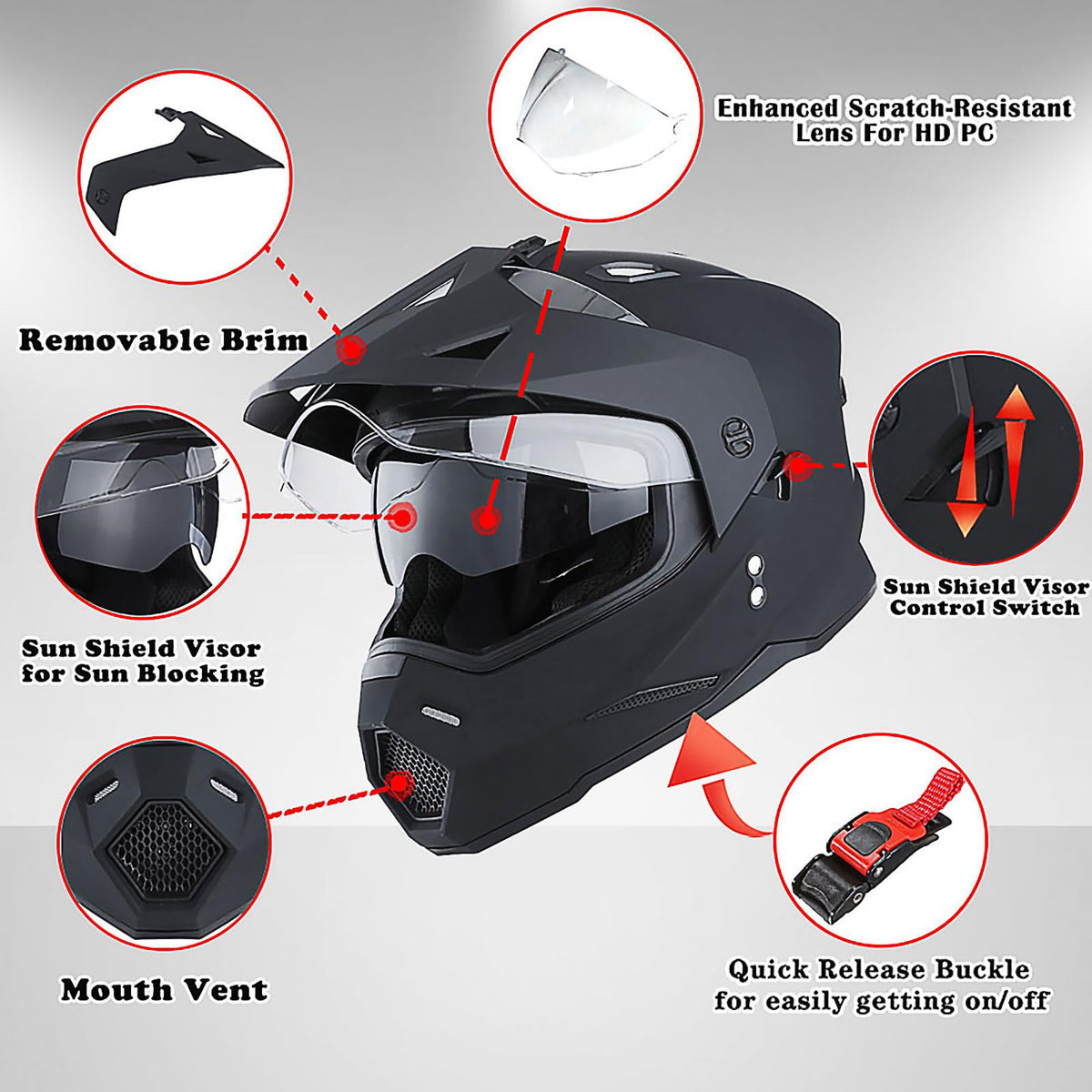 Youth Kids Dual Sport Dual Visor Full Face Helmet Matt Black H305607