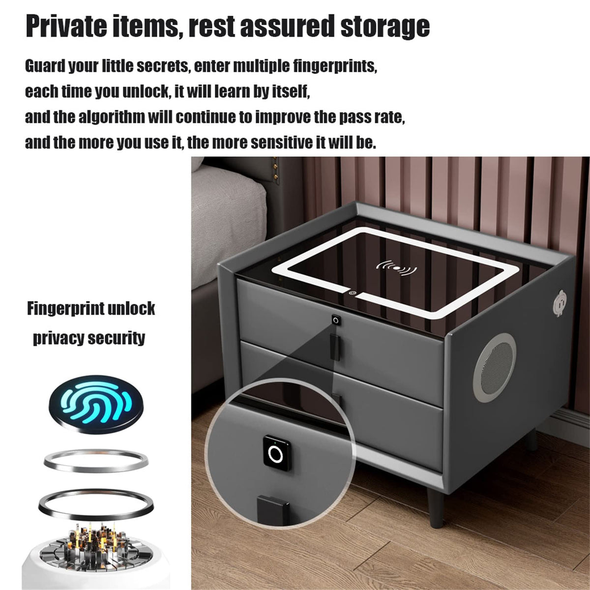 LED Nightstand with Bluetooth Speaker, Wireless Charging, 3 Colors LED Lights, USB & Type-C Port, 2/3 Drawers, Fingerprint Lock W436