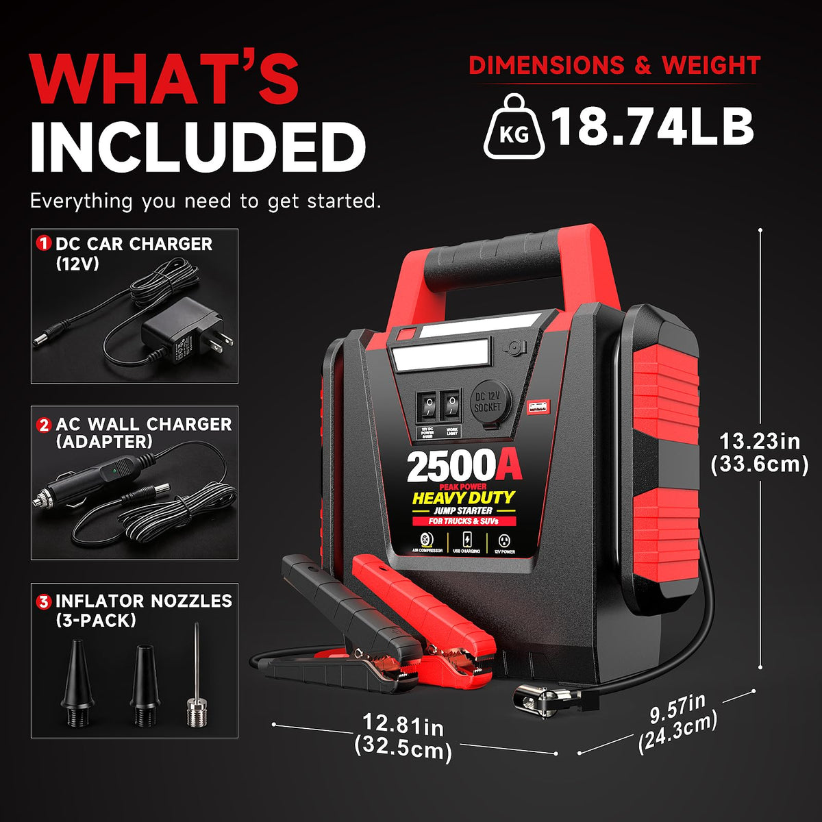 12V Portable Car Jump Starter with Air Compressor and Work Light W817406