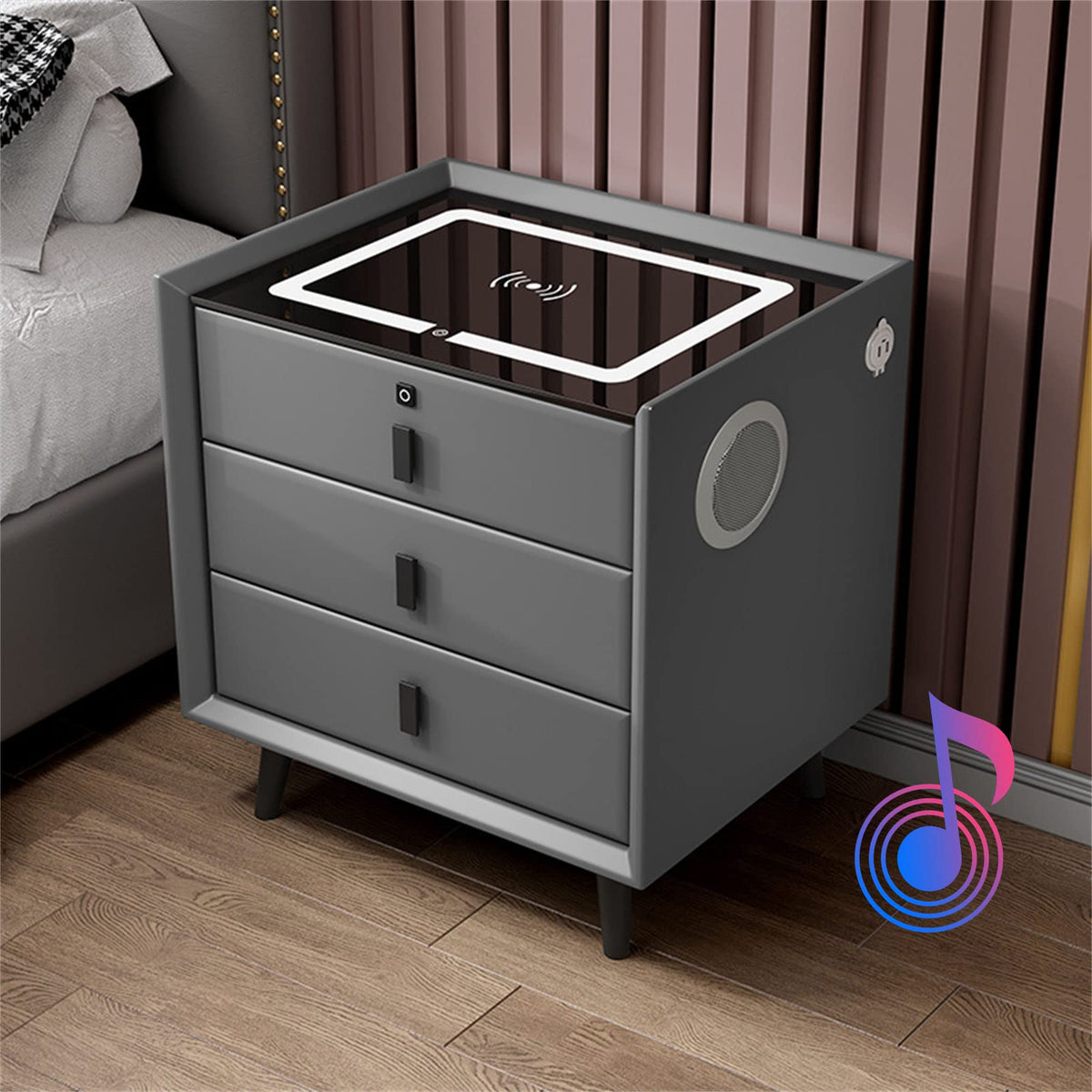 LED Nightstand with Bluetooth Speaker, Wireless Charging, 3 Colors LED Lights, USB & Type-C Port, 2/3 Drawers, Fingerprint Lock W436