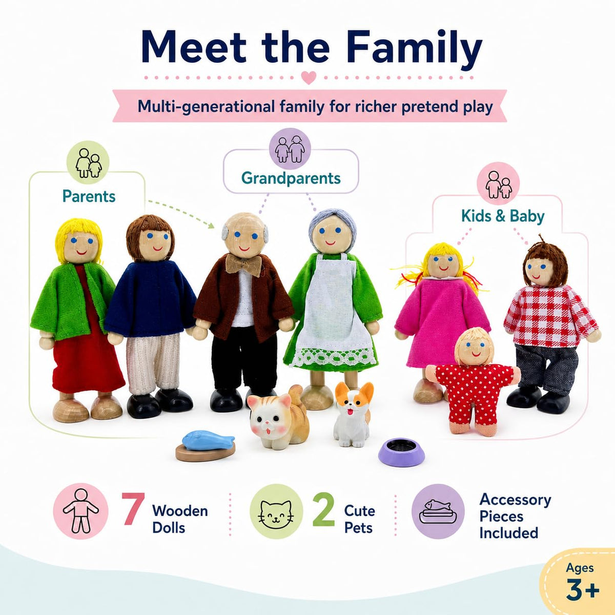 12 Pieces Wooden Dollhouse Family Set with Dog Cat Figures F723